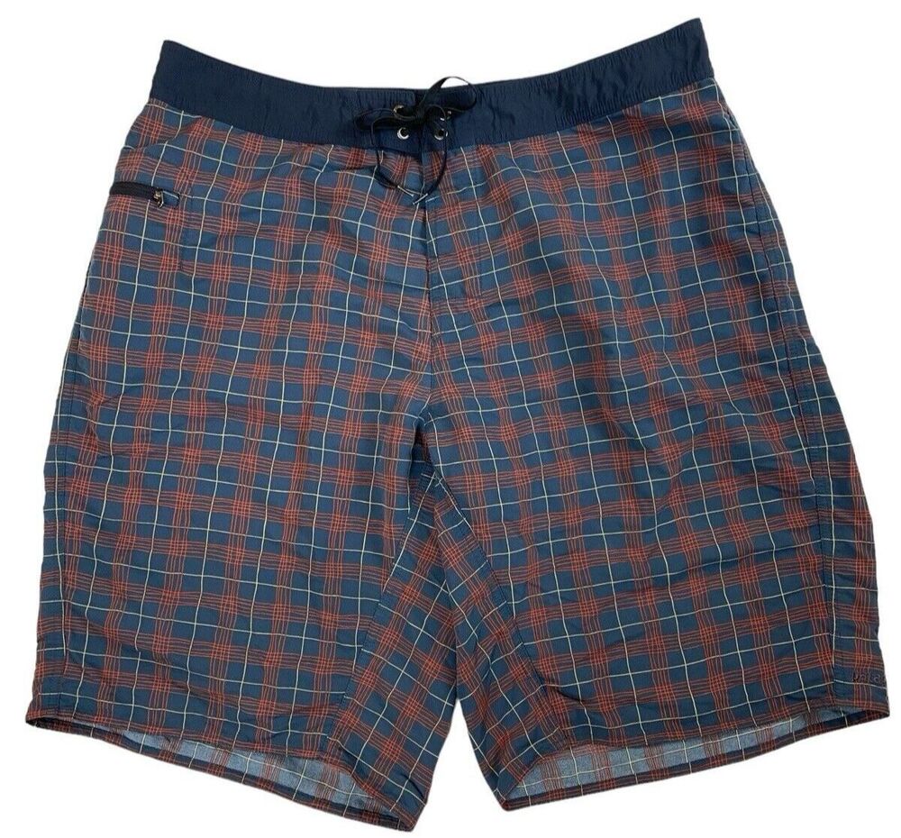 Patagonia Vintage Board Shorts Mens 38 Blue Plaid Wavefarer Swim Surf Unlined